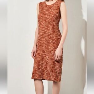 MING WANG tweed eyelash knit sheath dress midi brown scoop neck sleeveless L XL